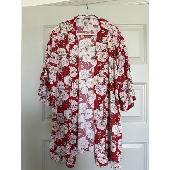 6 for $20 Knox Rose Women's Red Floral Boho 3/4 Sleeve Open Front Kimono M/L - Picture 3 of 5